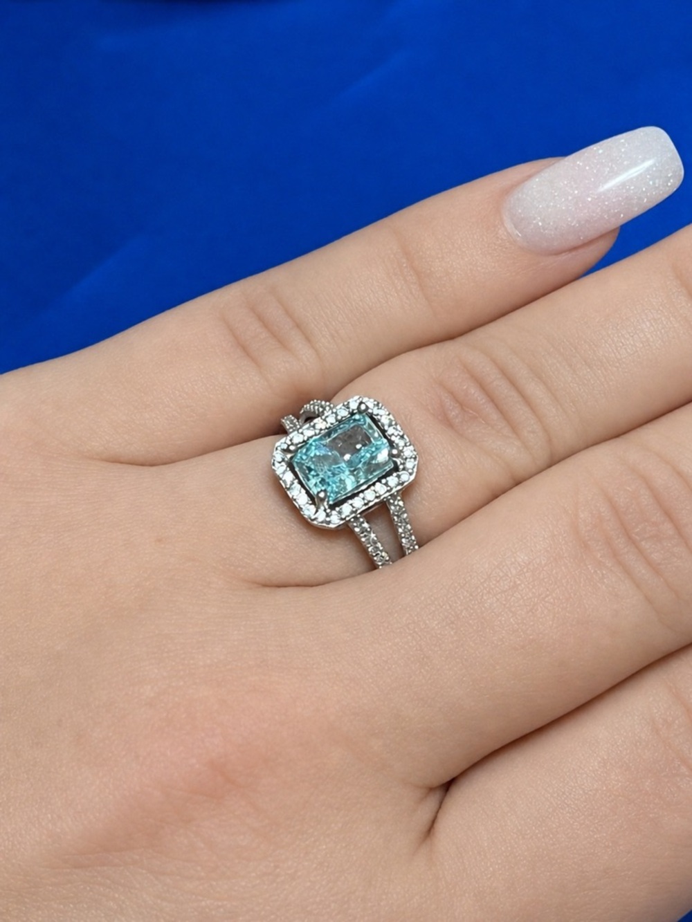 Blue CZ Crushed Ice Halo Ring 925